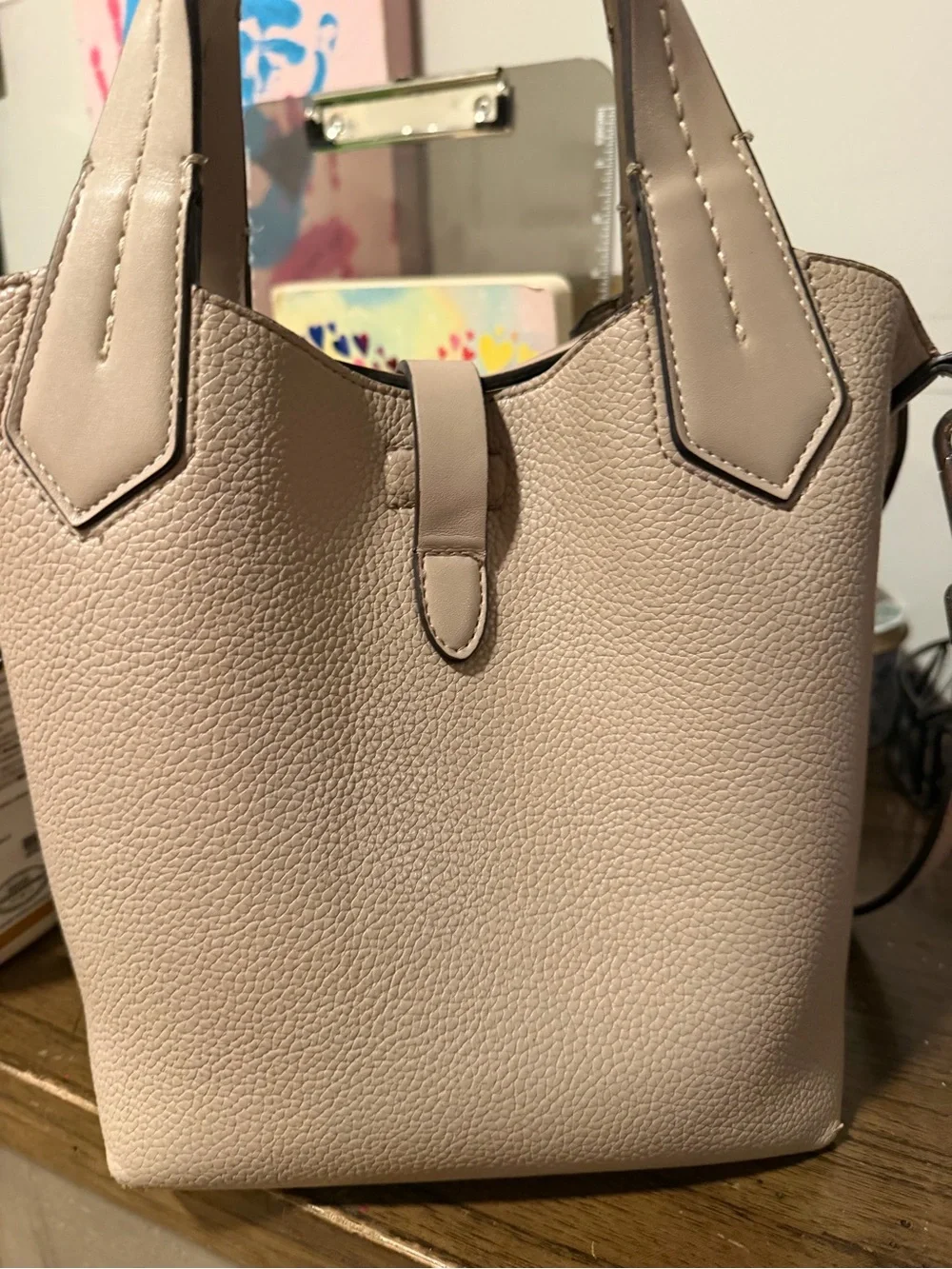Calvin Klein Neutral Taupe Leather Tote with Zip Organizer